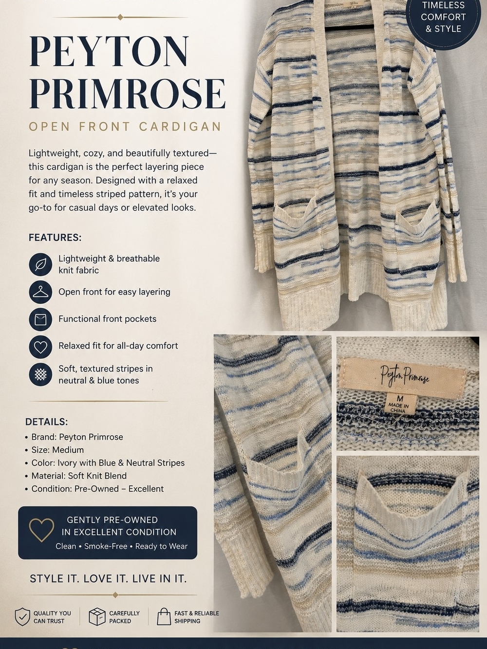 Men's Open Front Cardigan - Ivory with Blue & Neutral Stripes
